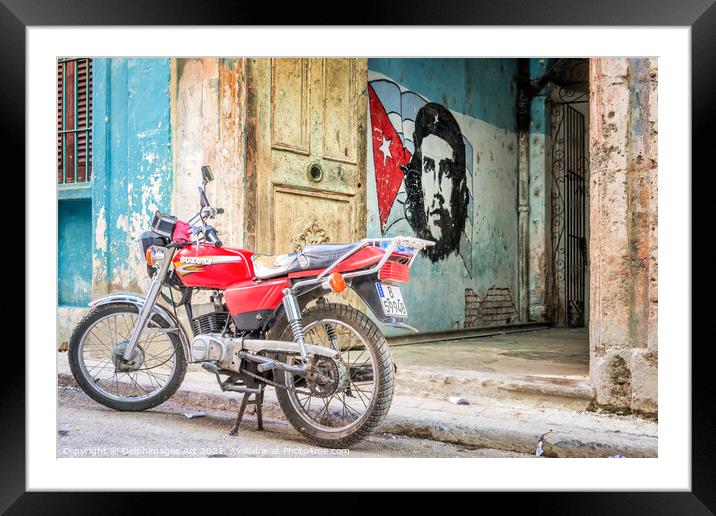 Che Guevara stencil and motorbike in Havana Cuba Framed Mounted Print by Delphimages Art