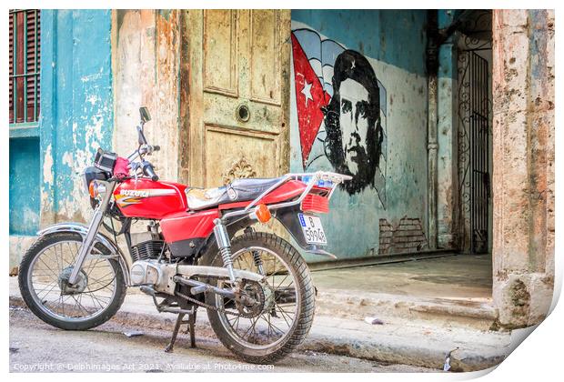 Che Guevara stencil and motorbike in Havana Cuba Print by Delphimages Art