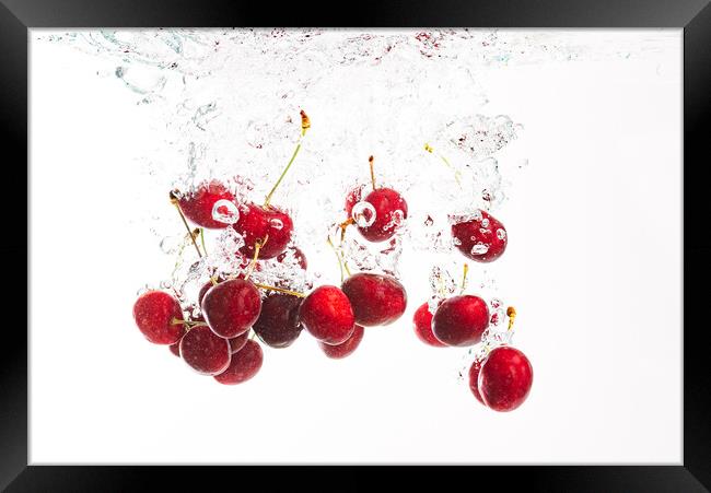 Red cherries splashing into crystal clear water with air bubbles. Isolated on a white background. Framed Print by Przemek Iciak