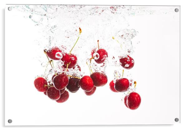 Red cherries splashing into crystal clear water with air bubbles. Isolated on a white background. Acrylic by Przemek Iciak