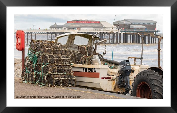 Crab pots and fishing boat on Cromer beach Framed Mounted Print by Chris Yaxley