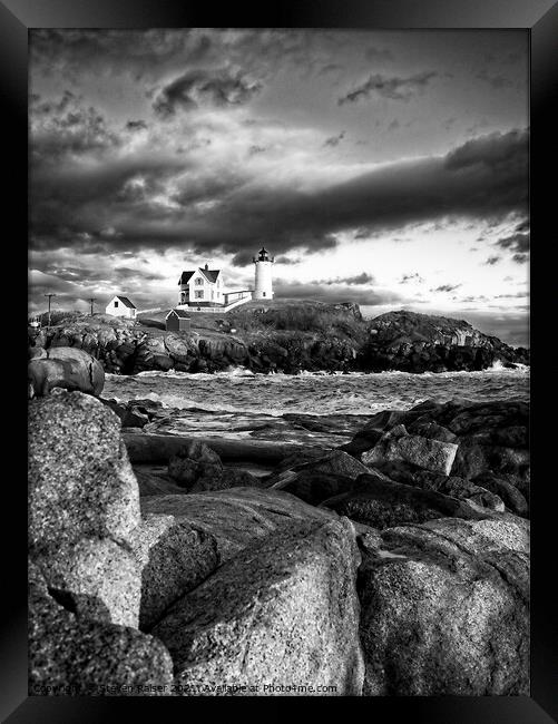 Nubble Lighthouse, Maine 6bw Framed Print by Steven Ralser