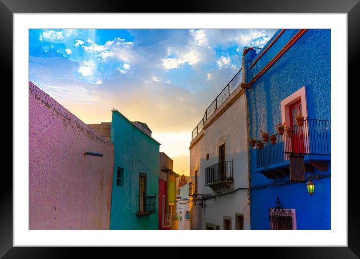 Guanajuato, Mexico, Scenic cobbled streets and traditional colorful colonial architecture in Guanajuato historic city center Framed Mounted Print by Elijah Lovkoff