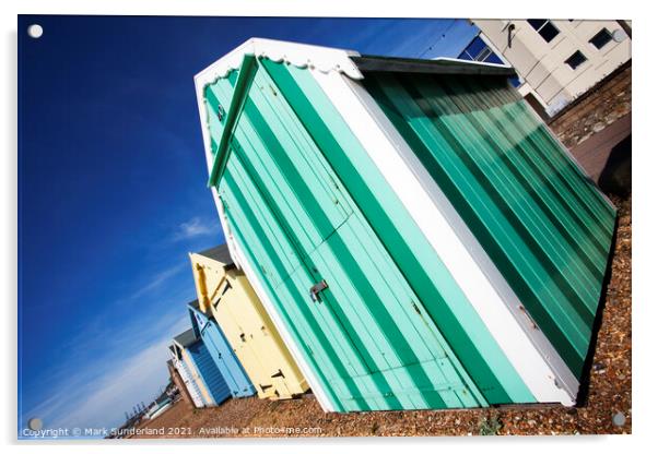 Green Striped Beach Hut at Felixstowe Acrylic by Mark Sunderland