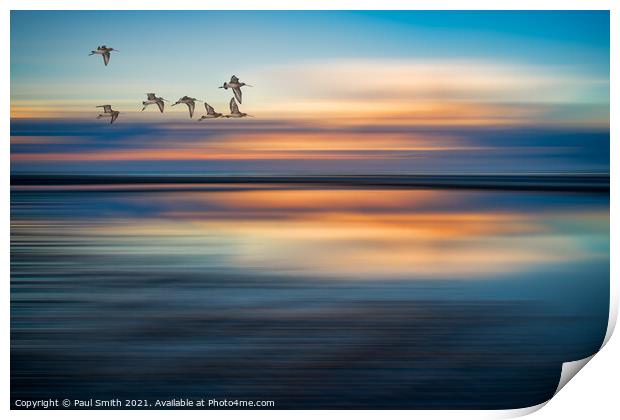 Godwits Flying over Brancaster Beach Print by Paul Smith