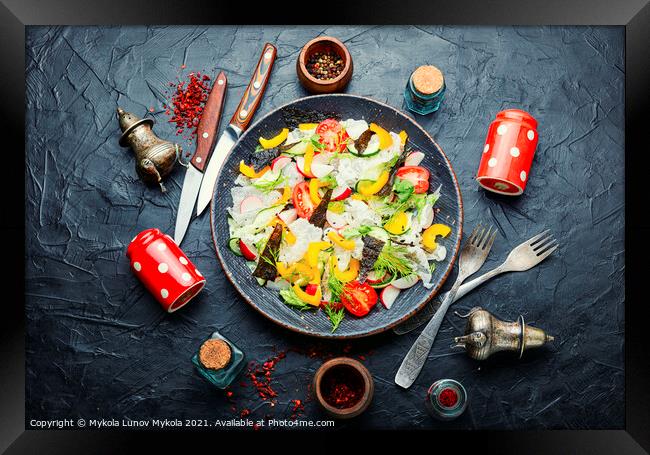 Vegetarian spring salad with fresh vegetables,top view Framed Print by Mykola Lunov Mykola