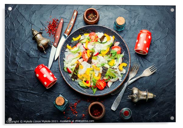 Vegetarian spring salad with fresh vegetables,top view Acrylic by Mykola Lunov Mykola