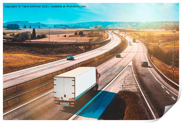 Freeway Traffic with Semi Trailer Truck Print by Taina Sohlman