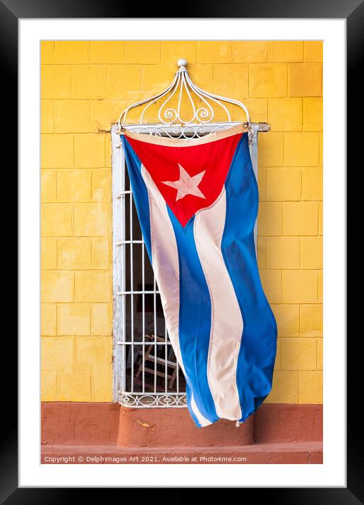 Cuban flag at a window in Trinidad Cuba Framed Mounted Print by Delphimages Art