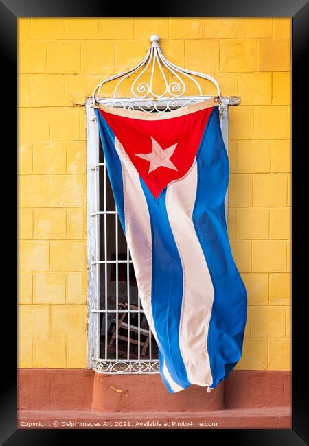 Cuban flag at a window in Trinidad Cuba Framed Print by Delphimages Art