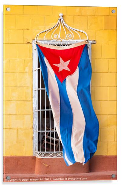 Cuban flag at a window in Trinidad Cuba Acrylic by Delphimages Art