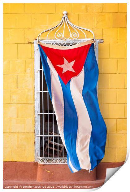 Cuban flag at a window in Trinidad Cuba Print by Delphimages Art