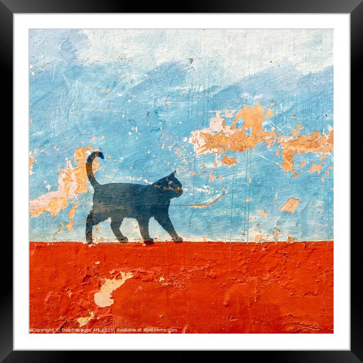 Black cat silhouette on a wall Framed Mounted Print by Delphimages Art