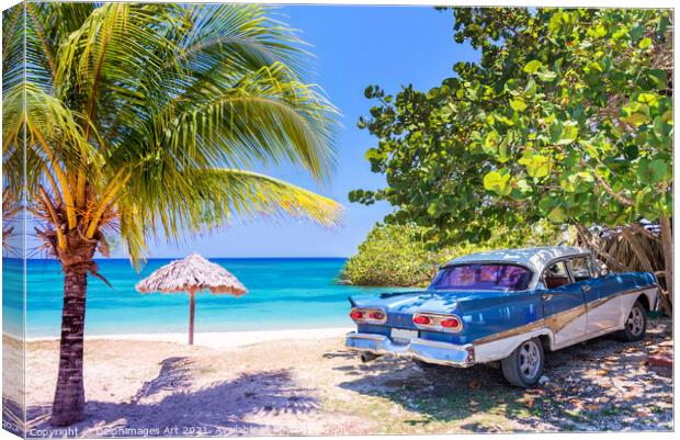 Cuba. Vintage classic car on a beach Canvas Print by Delphimages Art
