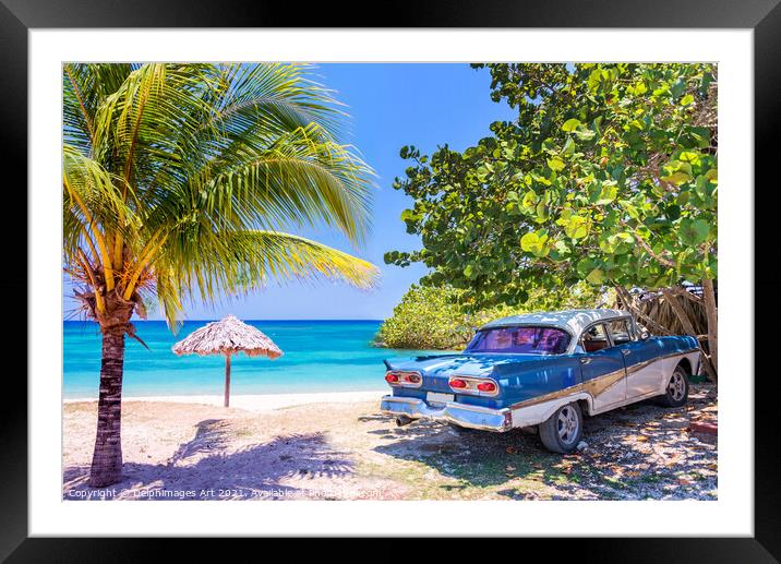 Cuba. Vintage classic car on a beach Framed Mounted Print by Delphimages Art
