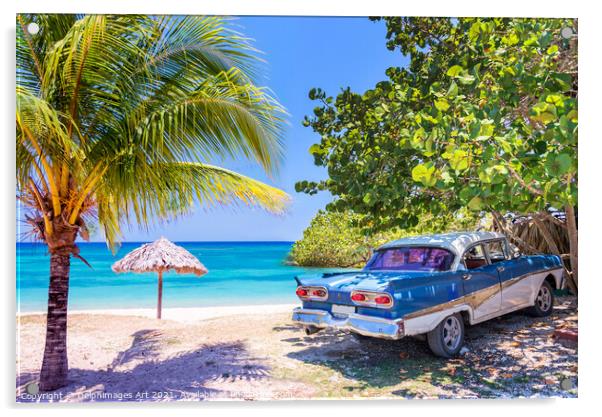 Cuba. Vintage classic car on a beach Acrylic by Delphimages Art