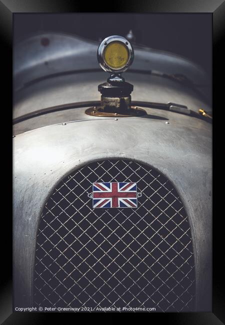 CLASSIC RACE CAR WITH UNION JACK FLAG Framed Print by Peter Greenway