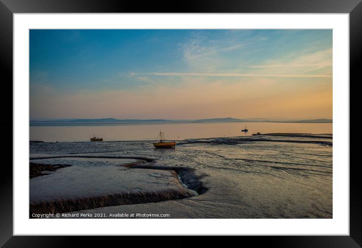 Boats stranded in Morecambe bay Framed Mounted Print by Richard Perks