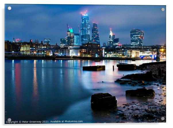 London Skyline from River Thames Shore at Nighttime Acrylic by Peter Greenway
