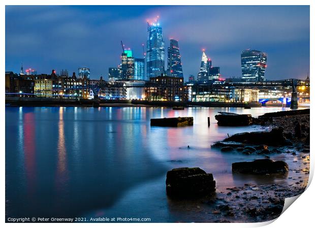 London Skyline from River Thames Shore at Nighttime Print by Peter Greenway