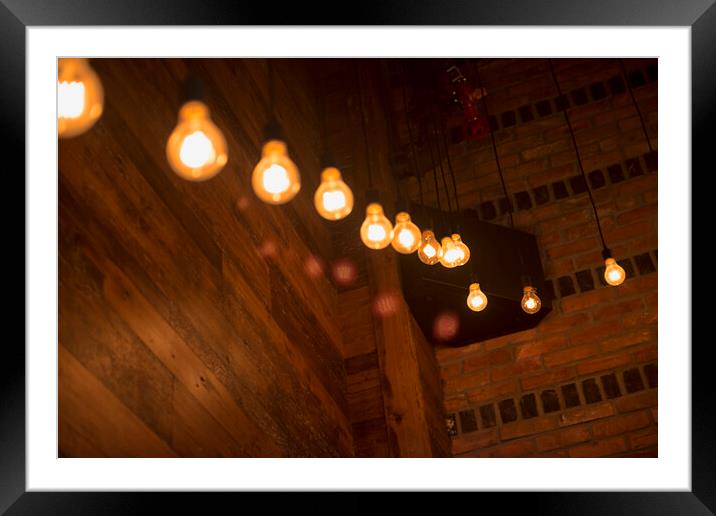 Light bulbs in trendy restaurant Framed Mounted Print by Elijah Lovkoff