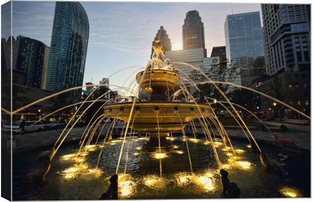 Fountain and Toronto skyline at sunset in financial district Canvas Print by Elijah Lovkoff