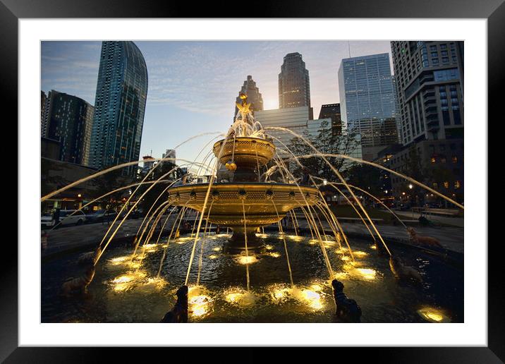 Fountain and Toronto skyline at sunset in financial district Framed Mounted Print by Elijah Lovkoff