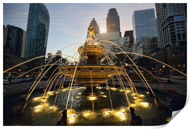 Fountain and Toronto skyline at sunset in financial district Print by Elijah Lovkoff
