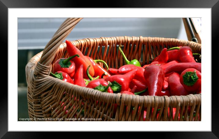 Spicy red peppers in a wicker basket Framed Mounted Print by Paulina Sator