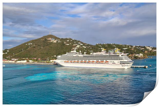 Cruise ship docked in a Charlotte Amalie bay before departing to Print by Elijah Lovkoff