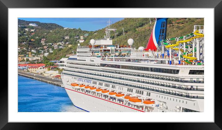 Cruise ship docked in a Charlotte Amalie bay before departing to a scenic Caribbean vacation Framed Mounted Print by Elijah Lovkoff