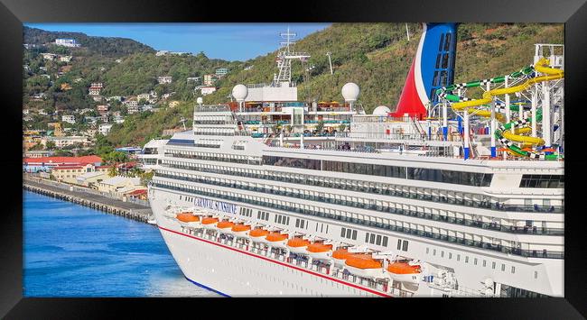 Cruise ship docked in a Charlotte Amalie bay before departing to a scenic Caribbean vacation Framed Print by Elijah Lovkoff