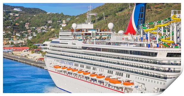 Cruise ship docked in a Charlotte Amalie bay before departing to a scenic Caribbean vacation Print by Elijah Lovkoff