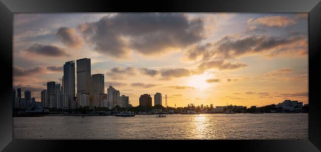 Scenic Cartagena bay (Bocagrande) and city skyline at sunset Framed Print by Elijah Lovkoff