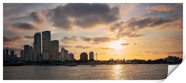Scenic Cartagena bay (Bocagrande) and city skyline at sunset Print by Elijah Lovkoff