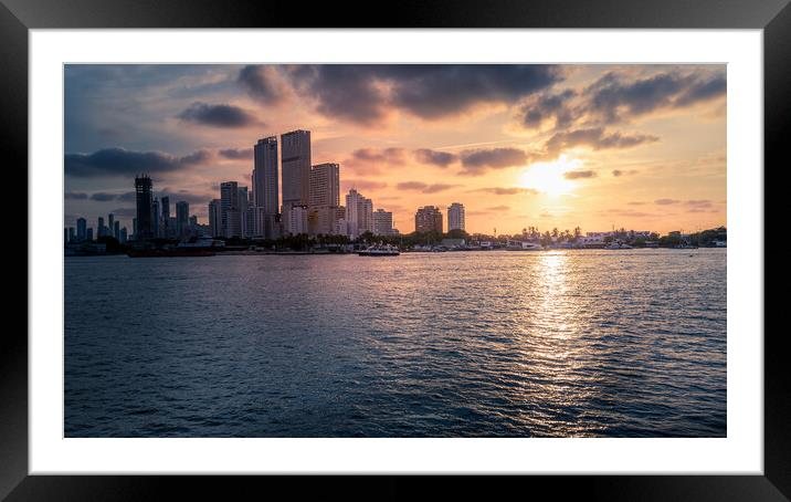 Scenic Cartagena bay (Bocagrande) and city skyline at sunset Framed Mounted Print by Elijah Lovkoff
