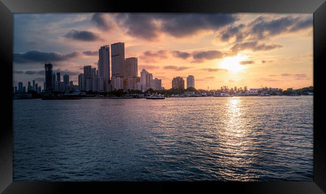 Scenic Cartagena bay (Bocagrande) and city skyline at sunset Framed Print by Elijah Lovkoff