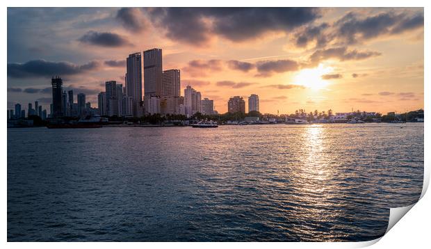 Scenic Cartagena bay (Bocagrande) and city skyline at sunset Print by Elijah Lovkoff