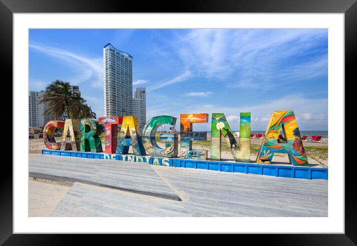 Big welcoming Cartagena letters on a public beach near the Walled City (Ciudad Amurallada) Framed Mounted Print by Elijah Lovkoff