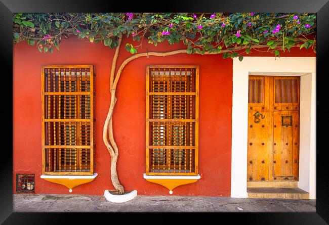 Colombia, Scenic colorful streets of Cartagena in historic Getsemani district Framed Print by Elijah Lovkoff