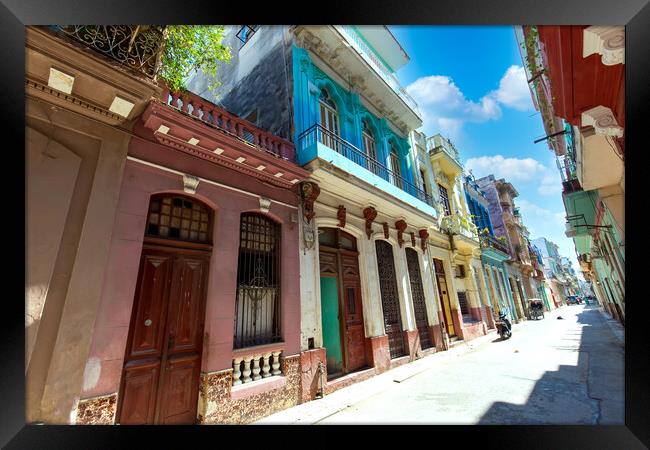 Scenic colorful Old Havana streets in historic city center of Havana Vieja near Paseo El Prado and Capitolio Framed Print by Elijah Lovkoff