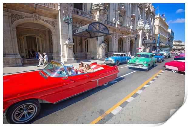 Happy tourists enjoying a taxi ride in Old Havana Print by Elijah Lovkoff