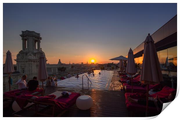 A scenic panoramic view of Havana Historic Center (Havana Vieja) and Capitolio at sunset from the roof terrace of the luxury hotel with swimming pool and restaurant Print by Elijah Lovkoff