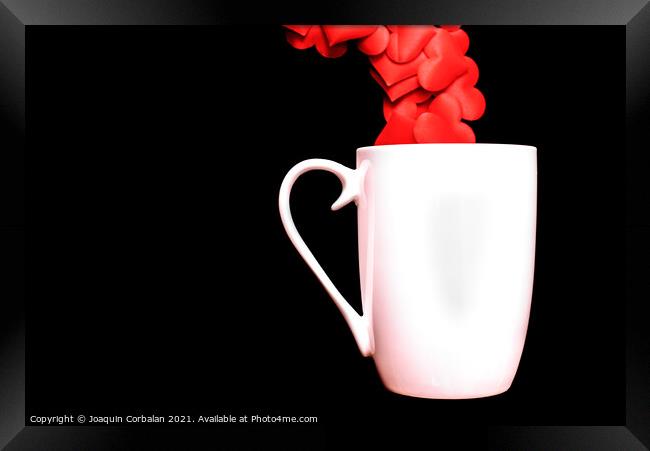Red hearts come out of a white cup full of love, isolated on bla Framed Print by Joaquin Corbalan