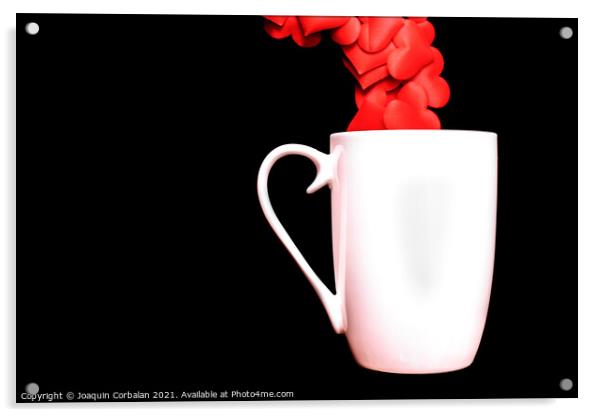 Red hearts come out of a white cup full of love, isolated on bla Acrylic by Joaquin Corbalan