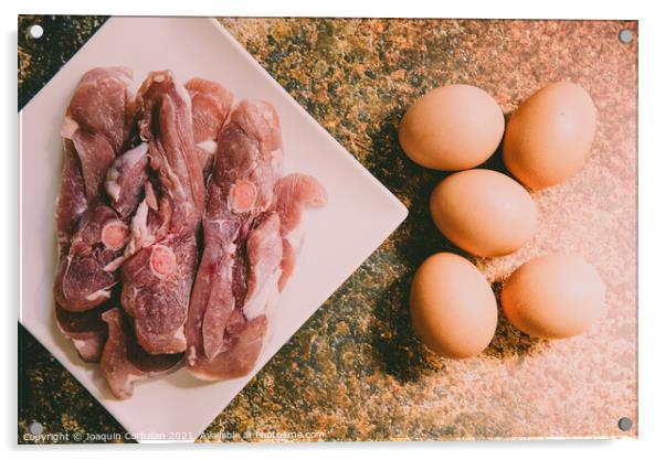 Raw meat and eggs for cooking Acrylic by Joaquin Corbalan