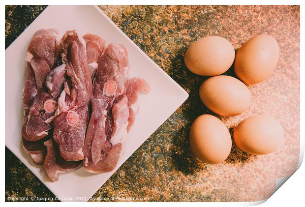 Raw meat and eggs for cooking Print by Joaquin Corbalan