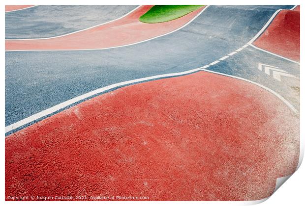 Detail of the asphalt and the white lines of a pumptrack circuit Print by Joaquin Corbalan