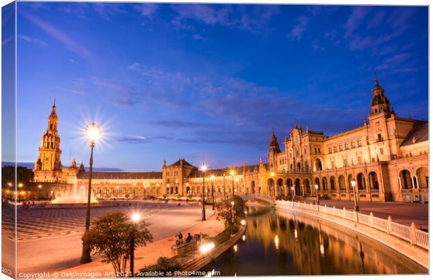 Plaza de Espana at night, Seville, Andalusia Canvas Print by Delphimages Art
