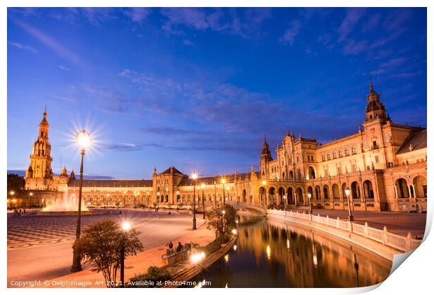 Plaza de Espana at night, Seville, Andalusia Print by Delphimages Art